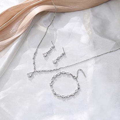 Teardrop Marquise Cubic Zirconia Wedding Prom Jewelry Set for Women Bridal | Silver/Gold/Rose Gold Plated, Pear Cut Pendant Necklace Drop Earrings Link Bracelet, for Bride Bridesmaid, for Banquet Party - style: B_Three Set, Silver (Teardrop)