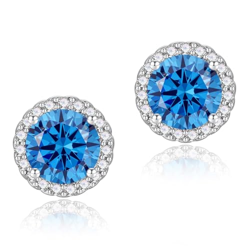 YOMELA Round Cubic Zirconia Stud Earrings for Women | Everyday Dainty, Diamond-Like Brilliance, CZ Halo Birthstone Studs, Hypoallergenic & Lightweight, Elegant & Versatile - color: Royal Blue