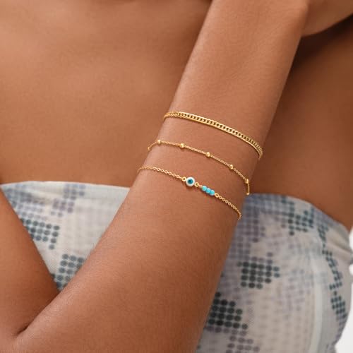 MEVECCO Dainty Chain Bracelets for Women, Layered and Charm Styles | 14K Gold Plated Brass, Select Cubic Zirconia Accents, Single and Multi-Row Structures for Refined Everyday Wristwear - style: Evil Eye Turquoise Bead