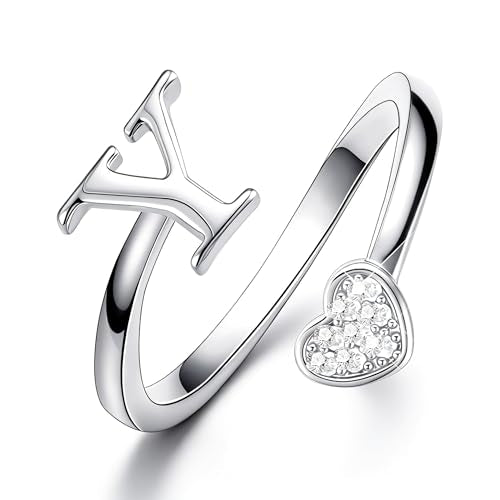 Lunvky Birthday Gifts Silver Initial Rings for Women Teen Girl Kids Trendy Stuff Dainty 14K Gold Plated Adjustable Heart Letter Thumb Rings Pinky Cute Jewelry Personalized Gift - color: Silver, size: Initial-Y