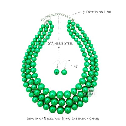 Simulated Pearl Necklace & Earring Set, Multi Strand - color: Green