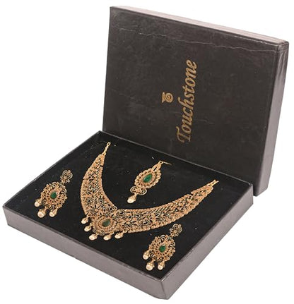 Touchstone Indian jewelry sets for women tikka wedding necklace costume guest statement bollywood rhinestones crystal faux pearls gold big royal neck piece set bridal fashion accessories - color: Multicolor