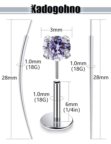 F136 Titanium 20/18/16g Internally Threaded Medusa Monroe Lip Ashley Labret Nose Rings Flat Back Tragus Helix Cartilage Conch Screw Stud Earrings Surgical Steel Piercing Jewelry for Women - color: Purple CZ, size: 18g*1/4in