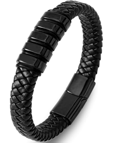 Stainless Steel Mens Bracelets - Black Leather Punk Cuff Jewelry - color: Black plated