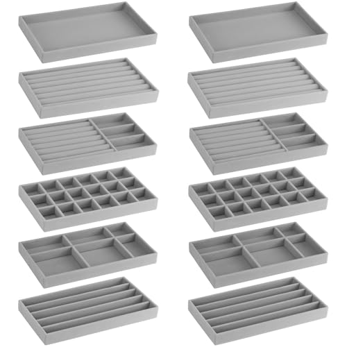 12Pcs Velvet Stackable Jewelry Trays, Jewelry Drawer Organizer, Large Removable Display Jewelry Tray, Necklace Bracelet Storage Box for Earring, Ring, Brooch, Watch (Grey) - color: 12 Pack-Grey