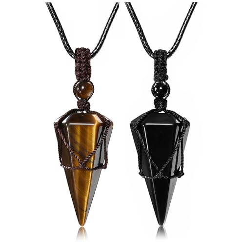 Top Plaza Mens Necklace, Crystal Gemstone Protection Pendant Necklace | Healing Crystals Necklace for Men Adjustable 6 Facet Pointed Necklace Energy Natural Quartz Protect Jewelry Gifts - color: Black Rope - Tiger Eye Stone+Black Obsidian
