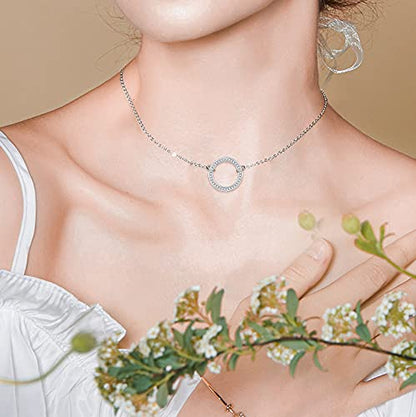 Ladytree S925 Sterling Silver Dainty Simple Choker Necklace,Rolo Chain,Adjustable 13 inches to 16 inches - style: 12_CZ Circle Choker