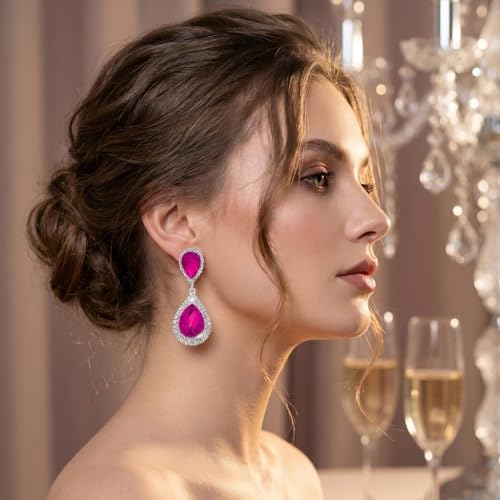 Pink Teardrop Crystal Rhinestone Dangle Earrings for Women | Teardrop crystal design,pink rhinestone dangle,sparkling finish,for bridal wedding formal pageant,elegant women jewelry