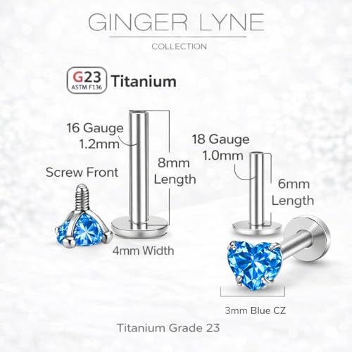 Titanium Heart CZ Labret Stud Earrings for Piercings by Ginger Lyne 6Pc Set G23 Screw Front Flat Back Body Jewelry 2 pair post 6mm, 8mm Cartilage, Helix, Tragus, Lip, Conch, Lobe - color: 3mm-Blue