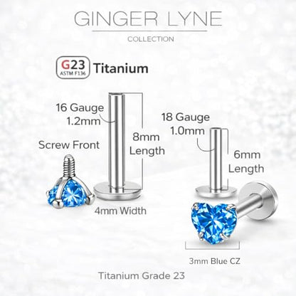 Titanium Heart CZ Labret Stud Earrings for Piercings by Ginger Lyne 6Pc Set G23 Screw Front Flat Back Body Jewelry 2 pair post 6mm, 8mm Cartilage, Helix, Tragus, Lip, Conch, Lobe - color: 3mm-Blue