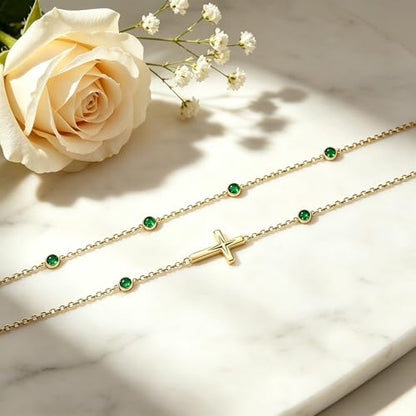 Midari 18K Yellow Gold Gemstone Birthstone Anklet Bracelet Cross Jewelry with 12 Months Birthstone Birthday Gifts for Women Wife Her Daughter Mom - color: 05-May-Emerald, size: Anklet 9"-11"