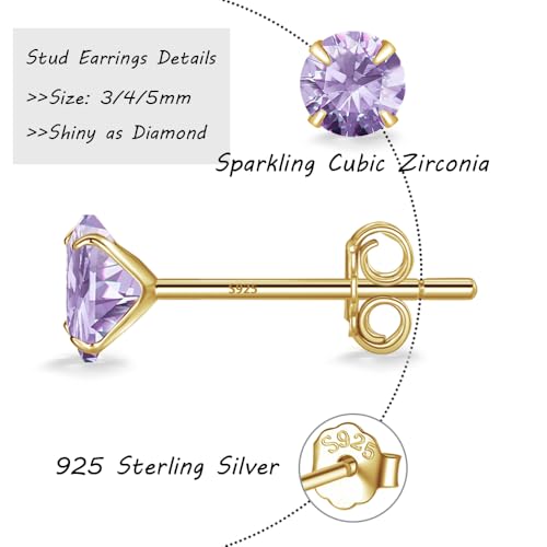 MASOP VOGU 3-5mm Sterling Silver Stud Earrings Set 14K White Gold Plated Hypoallergenic Tiny Round Cut CZ Cubic Zirconia Simulated Diamond Cartilage Studs for Women Men - color: I#Gold-3Pairs(3/4/5mm)-Purple CZ
