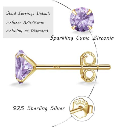 MASOP VOGU 3-5mm Sterling Silver Stud Earrings Set 14K White Gold Plated Hypoallergenic Tiny Round Cut CZ Cubic Zirconia Simulated Diamond Cartilage Studs for Women Men - color: I#Gold-3Pairs(3/4/5mm)-Purple CZ