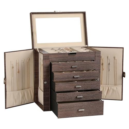 Frebeauty 6-Layer Jewelry Box for Women,Large Jewelry Organizer with Drawer | Faux Leather,Built-in Mirror,Spacious Jewelry Storage,16 Necklace Hooks,Organizing by Category for Rings Earrings Bracelet - color: Tree Brown, size: Large