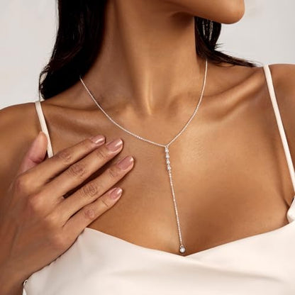 Zeffy Lariat Gold Necklace for Women, Dainty Long Necklace 14k Gold/Silver Plated Layered CZ Beaded Bar Chain Y-Shaped Body Chain Stack Drop Wedding Necklace Trendy Simple Gold Jewelry Gifts - color: Silver CZ Y Necklace(1PCS)