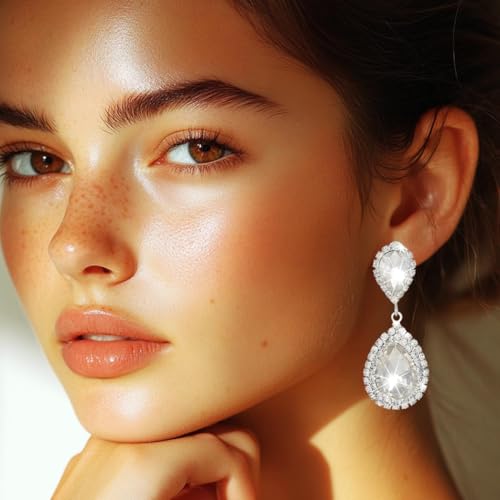 Catery Crystal Wedding Earrings Silver Rhinestone Ear Rings Teardrop Bridal Ear Jewelry for Brides and Women - color: Silver
