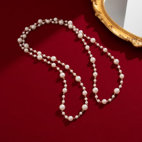 Long Pearl Necklaces for Women Pearl Long Chain Necklace Gold Chain Dainty Delicate Station Necklace Jewelry for Dress Party - color: White