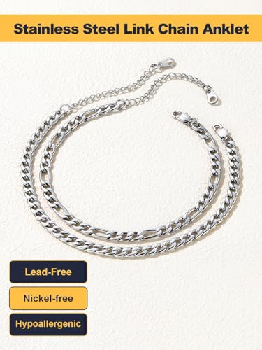 U7 2Pcs/3Pcs Ankle Bracelets for Women, Stainless Steel Cuban Link/Figaro/Rope/Heart Chain Anklets Sets,Waterproof Layered Anklets Adjustable 8.5"-10.5" - color: 01. 2Pcs Style A-Stainless Steel