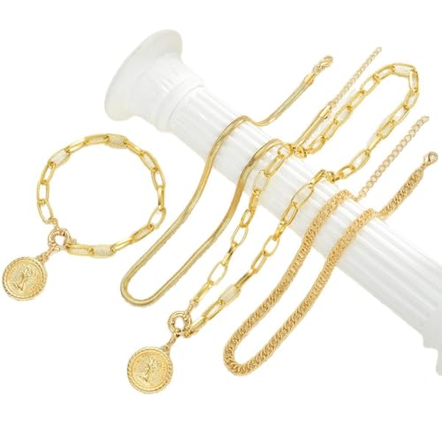 4 Pcs Gold Jewelry Set for Women with 3 Necklace, 1 Bracelet Elegant Sophisticated Style Versatile Piece Gold Plated Necklaces Bracelets
