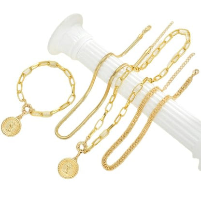 4 Pcs Gold Jewelry Set for Women with 3 Necklace, 1 Bracelet Elegant Sophisticated Style Versatile Piece Gold Plated Necklaces Bracelets