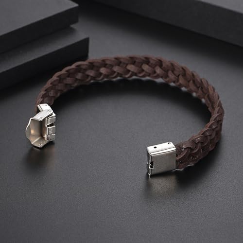 Men's Leather Bracelet, Stackable Stainless Steel Clasp Bracelets for Men Stylish Birthday, Thanksgiving, Valentine's Day Gift for My Man (8.2" Braided Brown Leather) | Men's Accessory, Leather Band, Stainless Steel, Wrist Bracelet