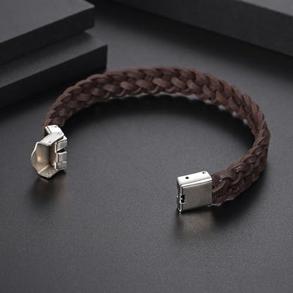Men's Leather Bracelet, Stackable Stainless Steel Clasp Bracelets for Men Stylish Birthday, Thanksgiving, Valentine's Day Gift for My Man (8.2" Braided Brown Leather) | Men's Accessory, Leather Band, Stainless Steel, Wrist Bracelet