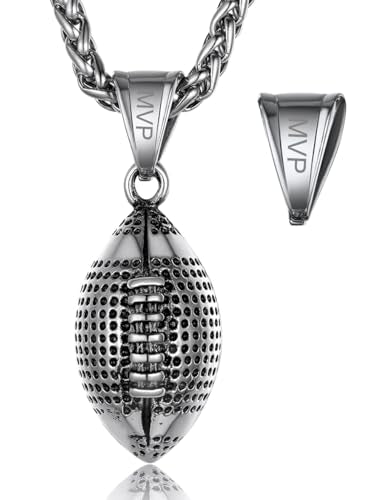 GOLDCHIC JEWELRY Sport Necklaces for Men Teen, Football Baseball Soccer Basketball Softball Necklaces with Stainless Steel Chain Athlete Jewelry Sports Fan Gift - color: American Football Pendant-Steel, style: Personalised Engraving