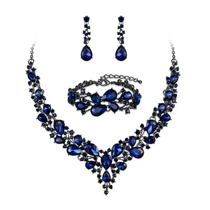 Wedding Bridal Jewelry Set for Women Bride Bridesmaids | Gorgeous Austrian Crystal Teardrop Cluster Statement Necklace Dangle Earrings Link Bracelet Set Prom Jewellery - color: 05-Sapphire Color Black-Silver-Tone
