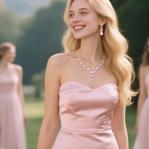 Wedding Bridal Necklace Earrings Jewelry Set for Women | Gorgeous Austrian Crystal Teardrop Flower Cluster for Bridal Bride Bridesmaid - color: 2Pcs-Pink Gold-Tone