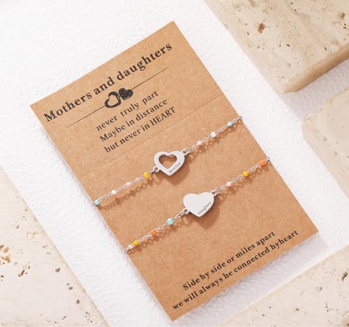 DS Mother Daughter Matching Bracelets,Adjustable Stainless Steel Gift Set | mother’s Day & Birthday Gift Box,Heart Charm,Mommy & Me Style,18K Gold Plated,Hypoallergenic,Daily Wear,Fits Women Teen Girls - color: Silver-1