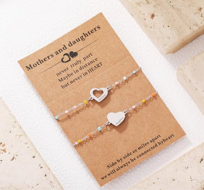 DS Mother Daughter Matching Bracelets,Adjustable Stainless Steel Gift Set | mother’s Day & Birthday Gift Box,Heart Charm,Mommy & Me Style,18K Gold Plated,Hypoallergenic,Daily Wear,Fits Women Teen Girls - color: Silver-1