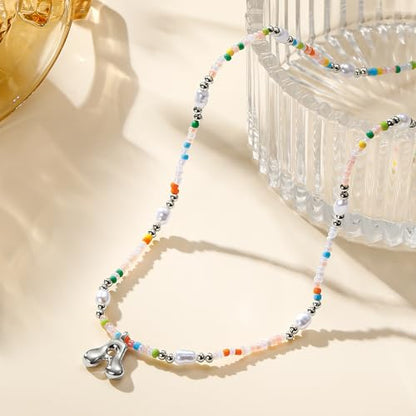 Ritach Initial Necklaces for Women Girls Kids - Light Colorful Beaded Pearl Initial Necklace Gold/Silver Bubble Pendant Letter Necklace for Women Teens Girls Kids Birthday Gifts - color: Silver, style: A.