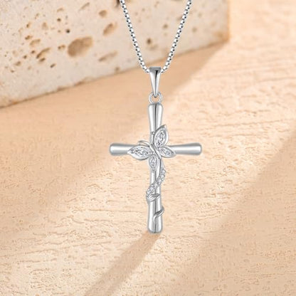 Cross Necklace for Women 925 Sterling Silver Butterfly Necklace Birthstone Pendant Created Gemstone Jewelry Gifts for Women - color: 04 April - Cubic Zirconia