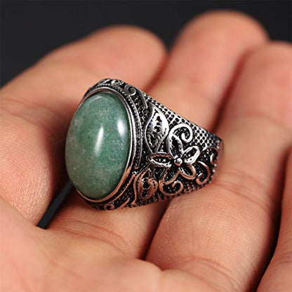 Retro Unisex Stainless Steel Oval Gemstone Hollow Flower Carved Signet Ring - color: Silver-Turquoise