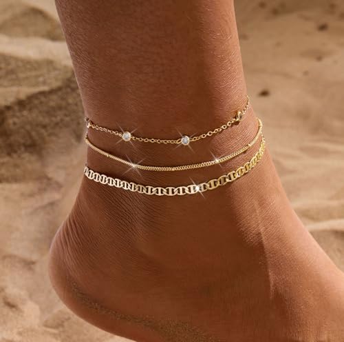 MFRYK Gold Ankle Bracelets for women,14k Gold/Silver Plated Waterproof Layered lightweight Cuban Link Figaro Chain Heart anklet butterfly anklet Pearl Ankle Bracelets Set Gold Anklets for women Trendy Jewelry Gift for Women - style: 3 anklets CZ satellite