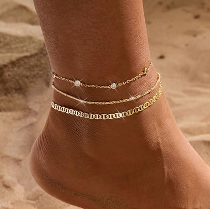 MFRYK Gold Ankle Bracelets for women,14k Gold/Silver Plated Waterproof Layered lightweight Cuban Link Figaro Chain Heart anklet butterfly anklet Pearl Ankle Bracelets Set Gold Anklets for women Trendy Jewelry Gift for Women - style: 3 anklets CZ satellite