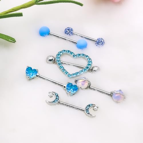 14G Nipple Rings for Women 316L Stainless Steel Heart,Butterfly,Moon,Devil,Flower Nipple Barbell CZ Nipple Rings Set Nipplerings Piercing Jewelry - color: BLIE