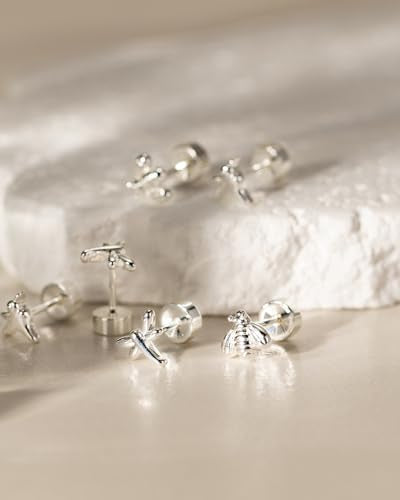 Flat Back Earrings for Women Cartilage Helix | Comfortable Dainty Cute Dragon Bee Bird Phoenix Dragonfly Cute Animal Leaf Spiral Rhombus Design Flatback Stud Earrings - color: Silver Bee