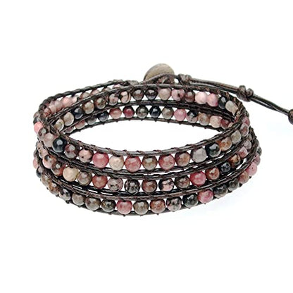 Genuine Stone Wrap Bracelets for Women Natural Crystal Beaded Wrap Bracelet 2/3/5 Adjustable Bohemian Bracelets Jewelry Gifts for Women Mom - color: rhodonite(3 wraps)