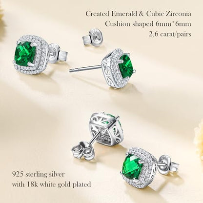Dainty Birthstone Earrings for Women Sterling Silver Small Stud Earrings with Halo Cushion/Round Created Gemstone Earrings Birthstone Jewelry - style: A 05. May/created emerald-cushion cut