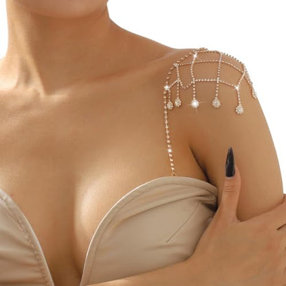 Rhinestone Shoulder Chain Jewelry - Crystal Tassel Arm Strap for Sexy Festival Rave - Bra Chain Bridal Lingerie Jewelry for Women - color: Gold