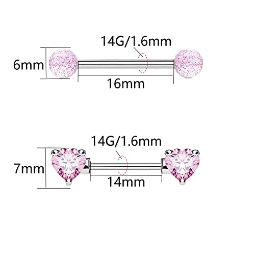 VERAMI 14G Stainless Steel Heart Nipple Rings and Barbell - Butterfly, Starlight Acrylic Ball, Tongue Rings for Women and Men - color: T-PINK-CZ