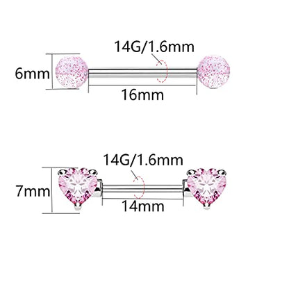 VERAMI 14G Stainless Steel Heart Nipple Rings and Barbell - Butterfly, Starlight Acrylic Ball, Tongue Rings for Women and Men - color: T-PINK-CZ