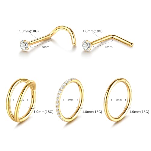 Xpircn 5pcs Hoop Nose Rings and L Shaped Nose Rings Stud Set 18G/20G Stainless Steel CZ Helix Conch Daith Tragus Cartilage Hoop Earrings for Women 6mm 7mm 8mm 10mm - color: Gold, size: 18G, 8mm hoop & 7mm studs