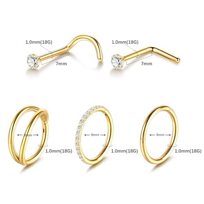Xpircn 5pcs Hoop Nose Rings and L Shaped Nose Rings Stud Set 18G/20G Stainless Steel CZ Helix Conch Daith Tragus Cartilage Hoop Earrings for Women 6mm 7mm 8mm 10mm - color: Gold, size: 18G, 8mm hoop & 7mm studs