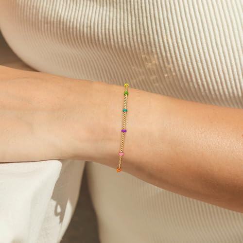 Gold Chain Bracelet for Women, 14K Gold Plated | Dainty Bracelets with Adjustable Chain, Trendy Jewelry Gift for Women - style: layer colorful