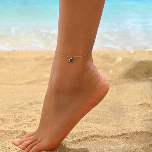 Opal Anklet for Women, 18K Gold Plated Stainless Steel Waterproof Adjustable Beach Ankle Bracelet with Gift Box, 5 Colors - color: Green