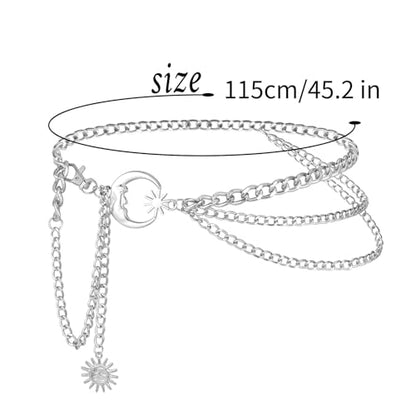 3 Layered Metal Waist Chain Belt for Women Moon & Sun Belly Belt Body Chain Jewelry for Dress Jeans - color: 01 Silver