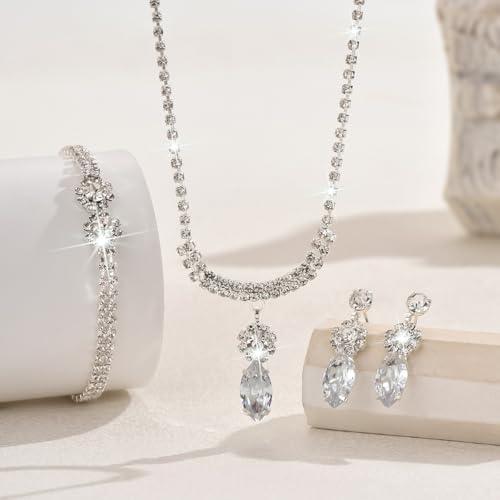 MIFYNN Rhinestone Wedding Set for Women Sparkle Crystal Earrings Necklace Bracelet Jewelry Set Wedding Party Prom Jewelry Set for Brides Bridesmaid - color: Silver5