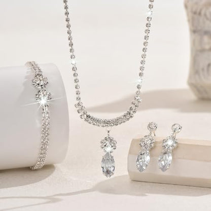 MIFYNN Rhinestone Wedding Set for Women Sparkle Crystal Earrings Necklace Bracelet Jewelry Set Wedding Party Prom Jewelry Set for Brides Bridesmaid - color: Silver5